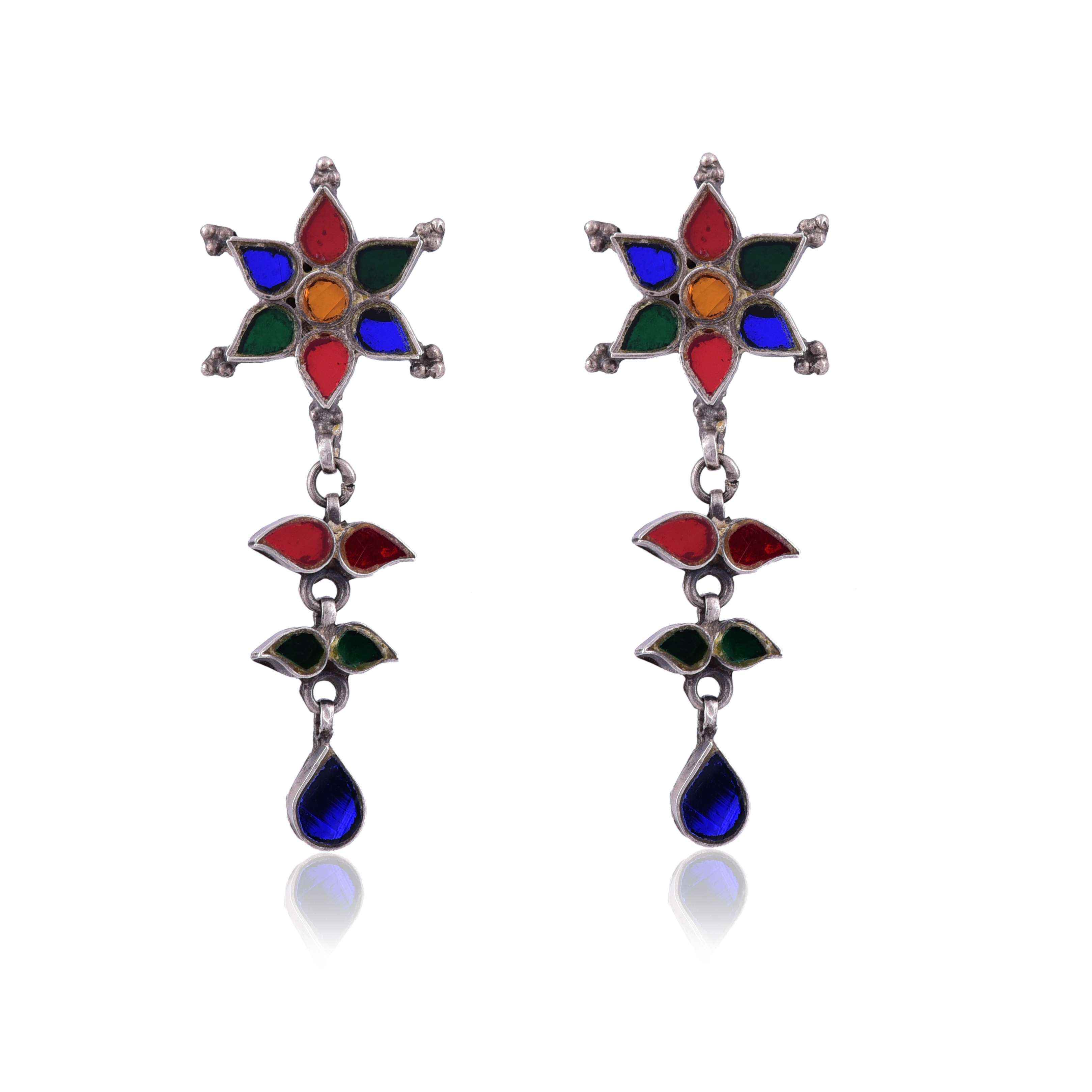 Silver oxidised Multi Glass Stone drop Earring ;SKU5826